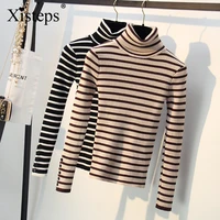 xisteps turtleneck stripe new women autumn winter long sleeve buttons pullover knitted sweaters girls tops jumper 2020