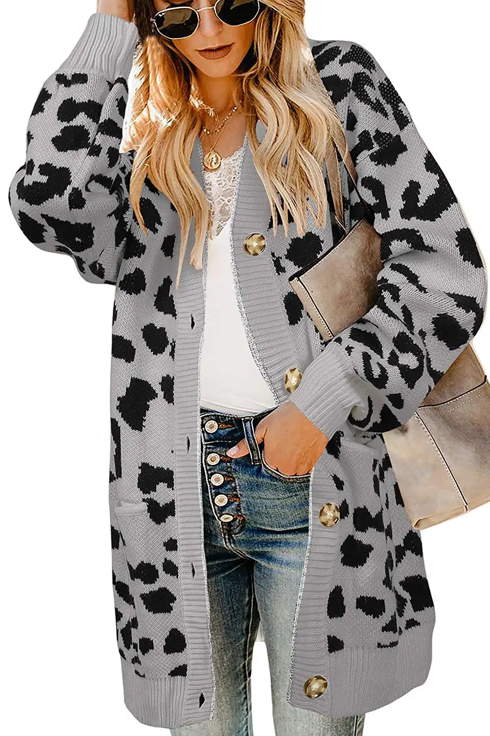 Женский леопардовый кардиган с длинным рукавом карманами| |