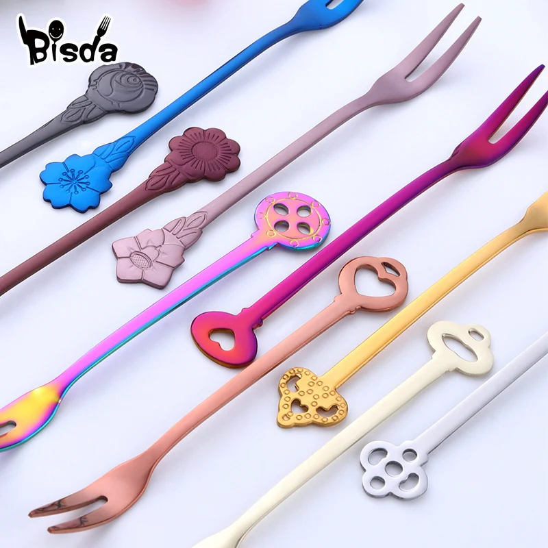 10Pcs Stainless Steel Fruit Forks Colorful Lovely Dinnerware Flower Shape Cake Tea Fork Dessert Flatware Party Utensils | Дом и сад