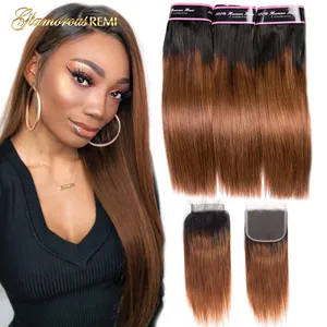 Эффектом деграде (переход от темного к бразильские волосы прямые 1B30 коричневые натуральные кудрявые пучки волос с закрытием два тона Волосы Remy уток волос для наращивания 10 до 26 дюймов
