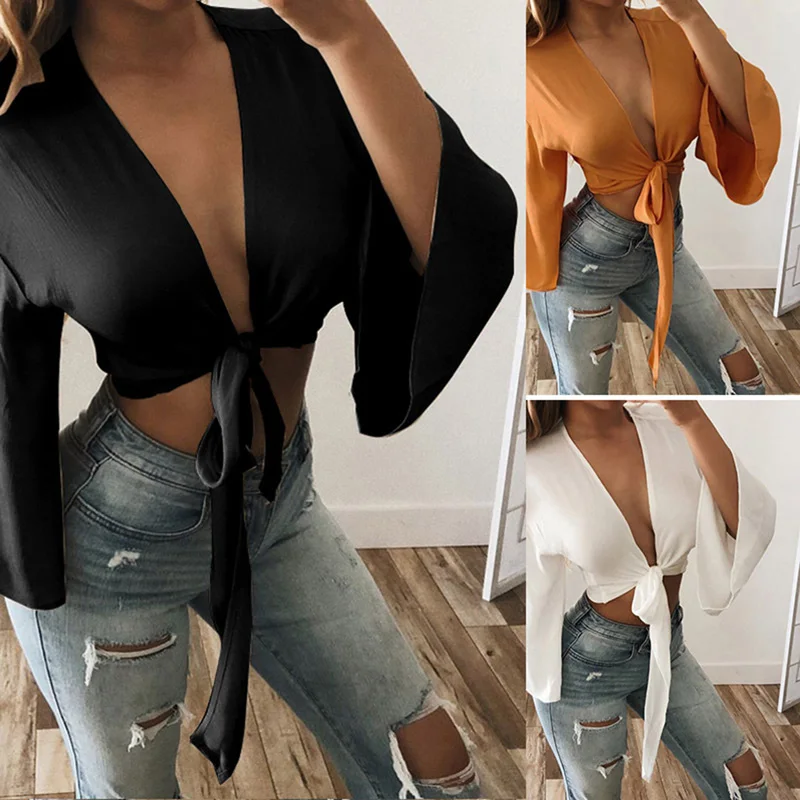 Модный летний осенний укороченный топ Одноцветный сексуальный глубокий v