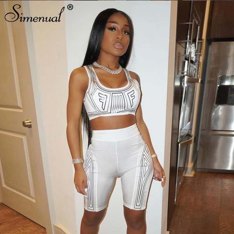 

Simenual Sporty Print Tank Top And Biker Shorts Matching Sets For Women White Casual Active Wear Two Piece Outfits Summer 2021