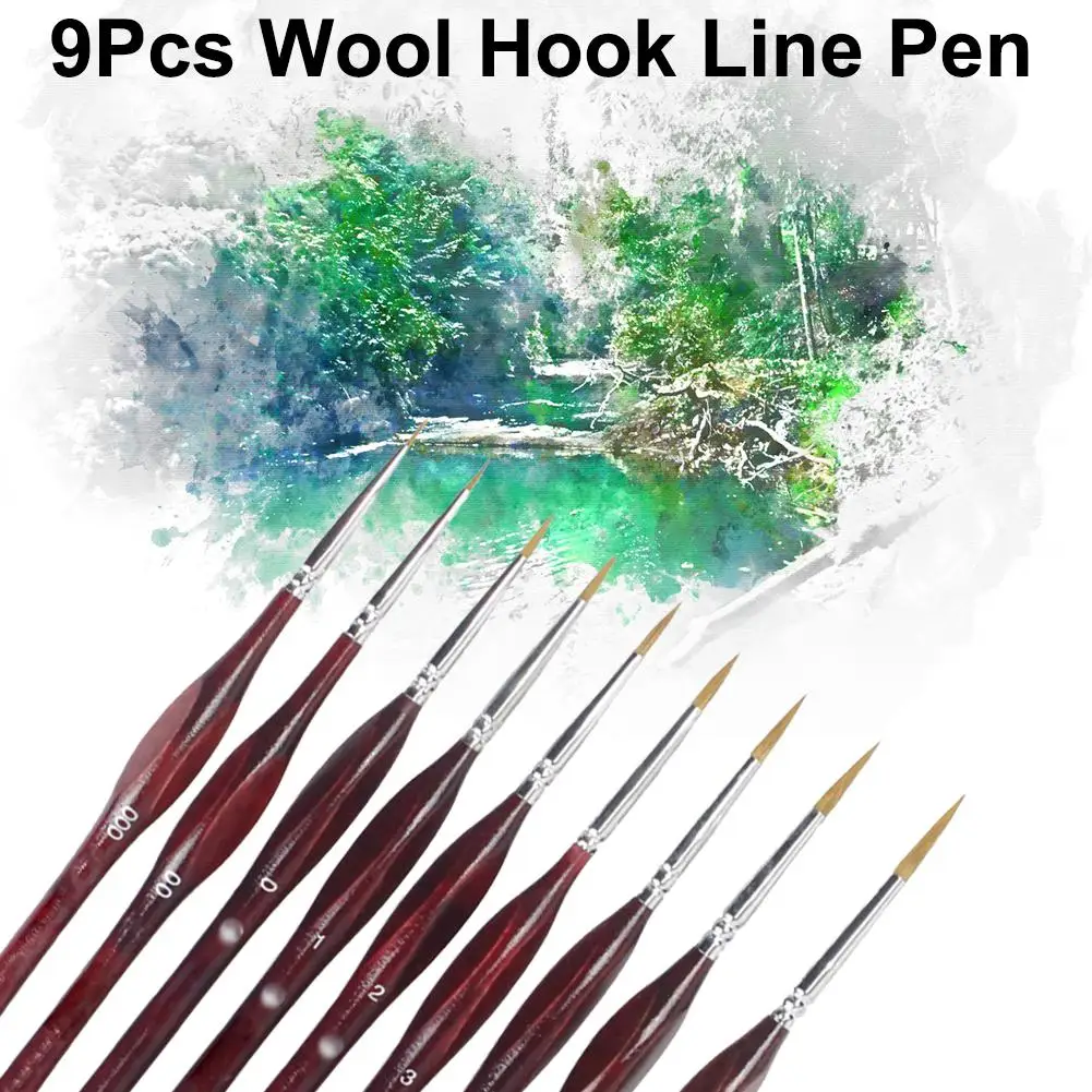 9Pcs Hook Line Pen Hand-Painted Gouache Oil Painting watercolor paint brushes Nail | Канцтовары для офиса и дома