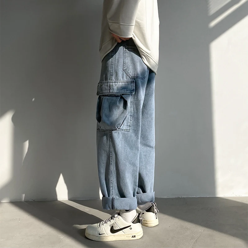 

Hot Selling Men's Tooling Jeans Men's Fashion Brand Loose Straight Large Pocket Wide Leg Casual Pants