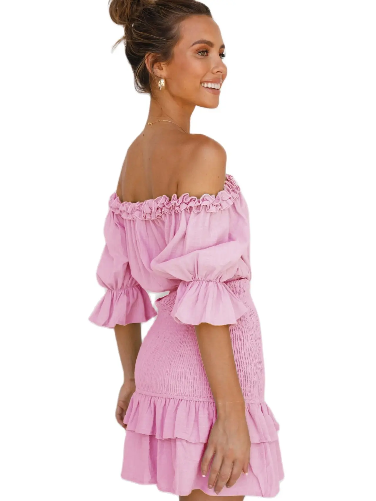 

2021 Wood Ear Side Word Collar Mid-Sleeve Dress Spring and Summer Casual Solid Color Ruffle Stitching Loose Hip Skirt