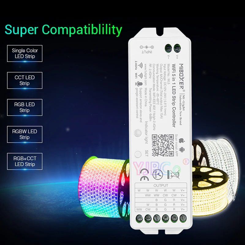 

Miboxer 5 IN 1 WiFi LED controller WL5 2.4G 15A YL5 upgrade Strip dimmer For Single color, CCT, RGB, RGBW, RGB+CCT Led lamp tape