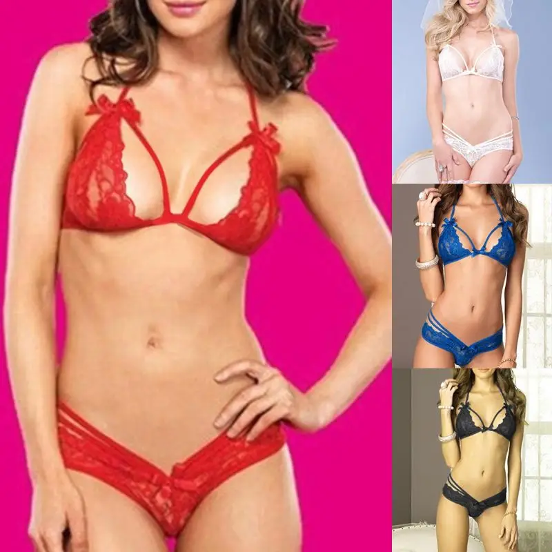 

Women Sexy Floral Lace Halter Lingerie Set Bowknot Decor Cut Out Sheer Underwear