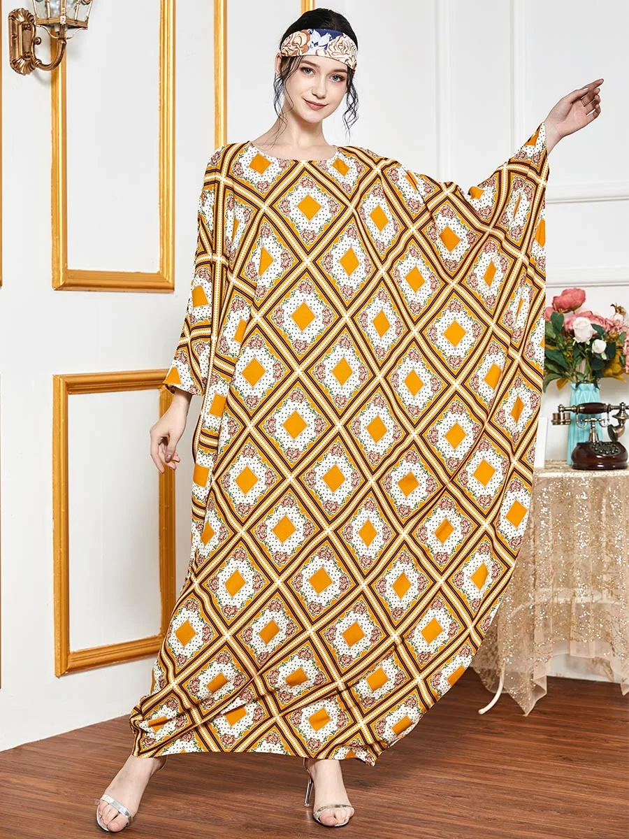 2021 Oversized Gown Dress for Women Batwing Sleeve Ethnic geometric Print Kaftan Arabic Dubai Dresses Long Muslim Clothing