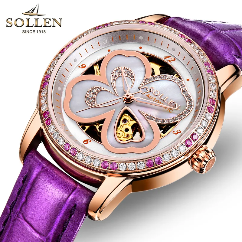 

Switzerland Luxury Brand SOLLEN Women's Automatic Mechanical Watch Sapphire Waterproof Skeleton Diamond Leather Wristwatch SL405