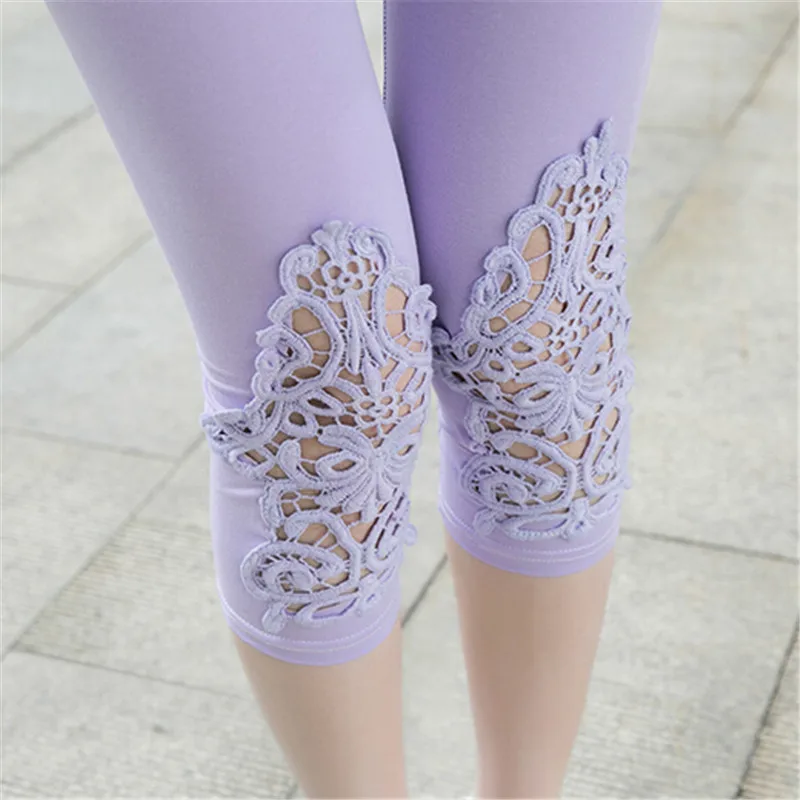 K016 Hollow Purple NDUCJSI, женские леггинсы для танцев, открытые, для ношения ягодиц, средняя талия, длина до середины икры, женские хлопковые модные летние кружевные сексуальные леггинсы - Цвет: K016 Hollow Purple