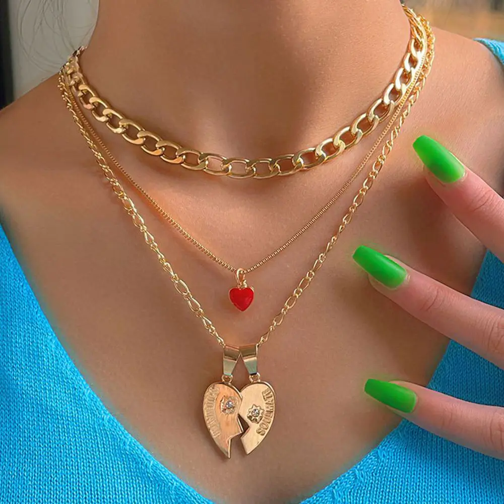 

Flatfoosie Boho Multilayer Enamel Heart Pendant Necklace for Women Gold Color Broken Heart Star Crystal Choker Necklace Jewelry