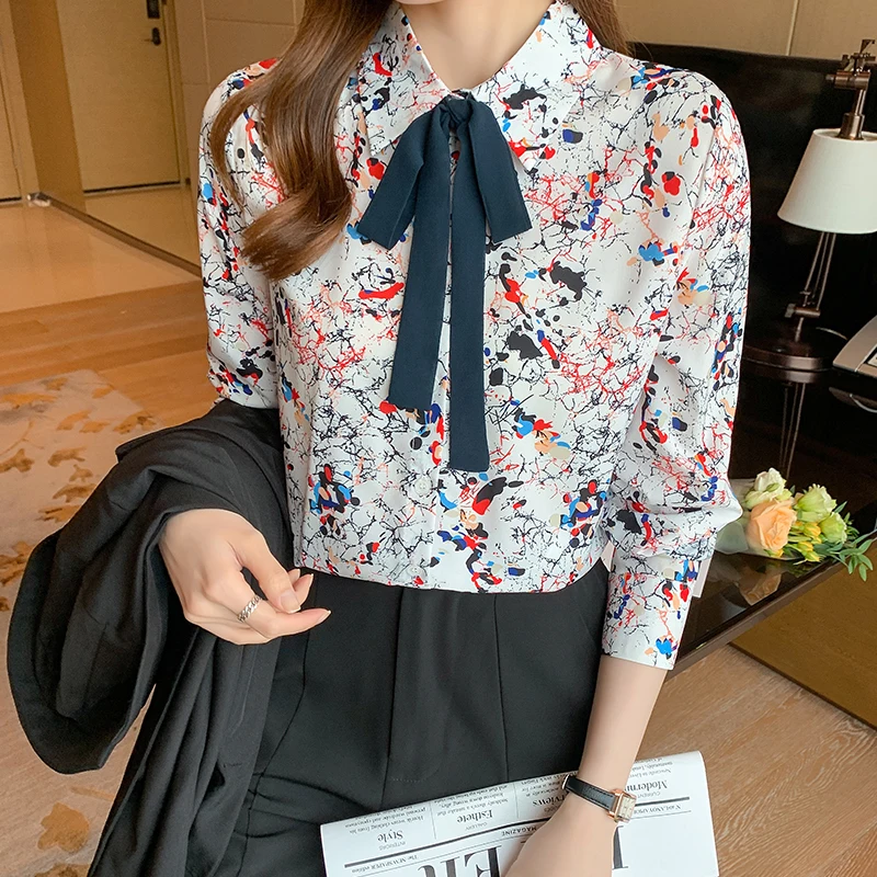 

Silk Women's Blouse Loose Polo Girl's Shirt Summer Fashion Long Sleeve Top Plus Size Chiffon Print Casual Lady Blusas Houthion