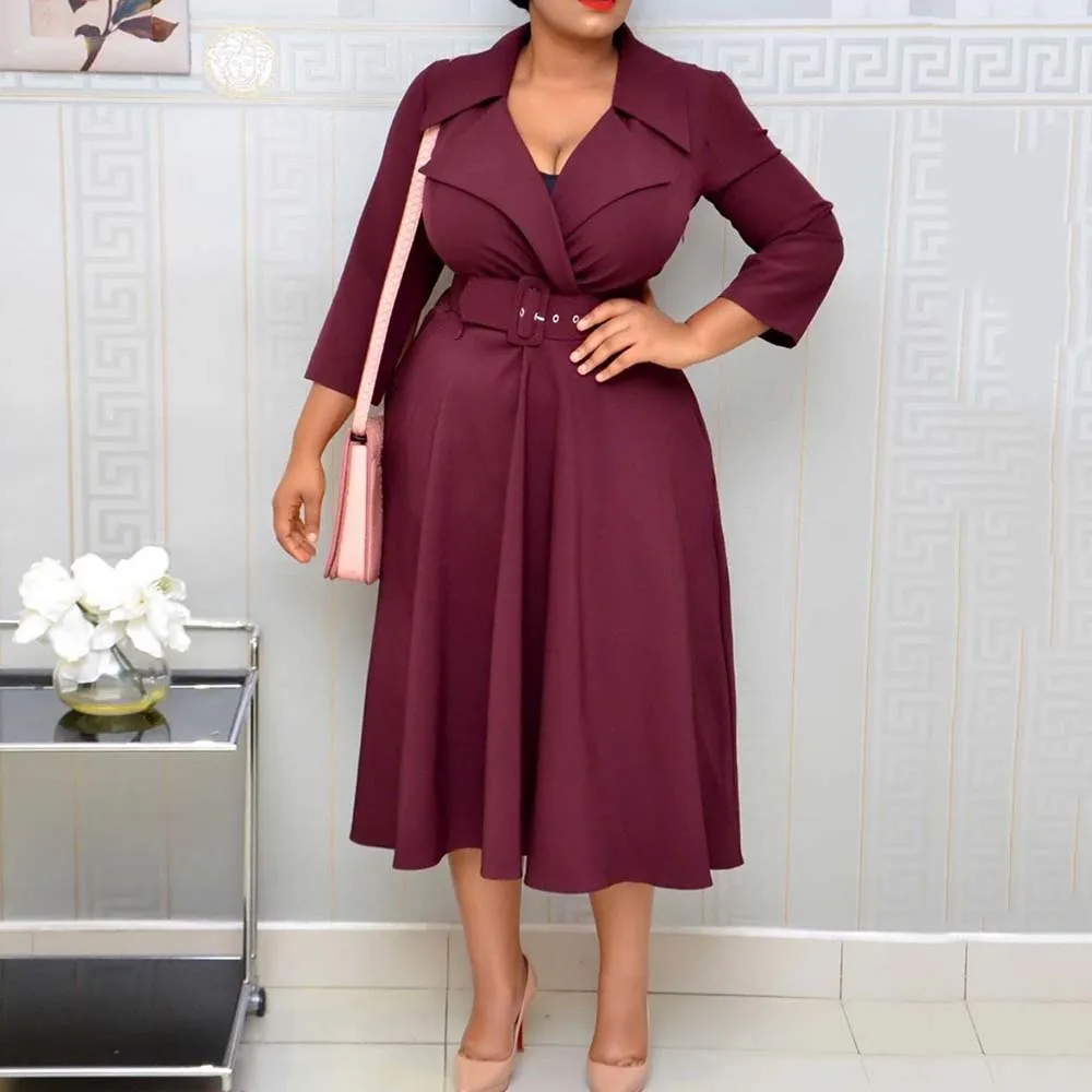 Женское офисное платье миди с глубоким V образным вырезом отложным воротником