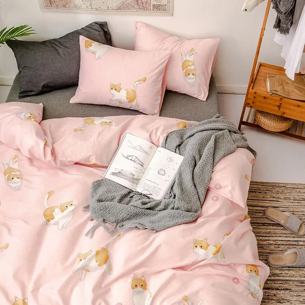 Постельные принадлежности персикового и розового цвета с принтом кота 100% хлопок