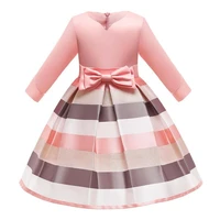 girls dress autumn and winter children lovely v neck pink long sleeve princess skirt striped butterfly end waist dresses