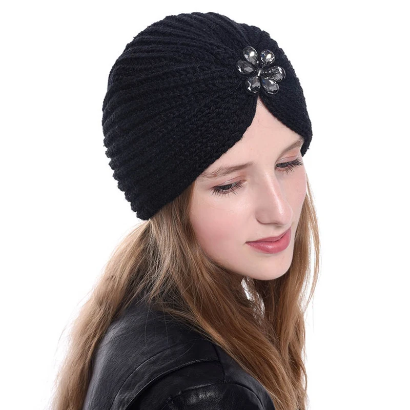 

2019 new winter turban cap for women bohemian style wool knit hijab bonnet flower drill muslim headdress inner hijab caps