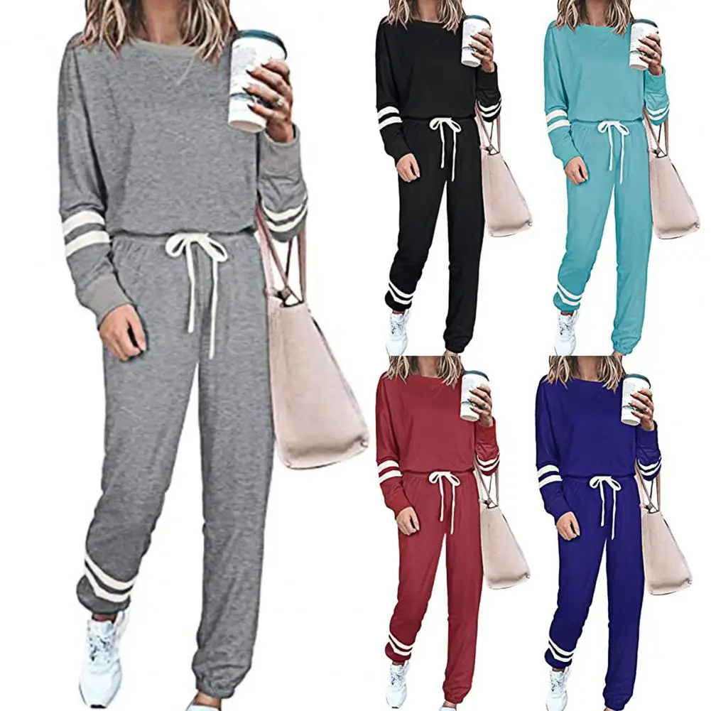 

Two Piece Set Women Tracksuit Long Sleeve Loose Blouse+Drawstring Long Pants Striped Tracksuit Spring Autumn Thick Warm clothes