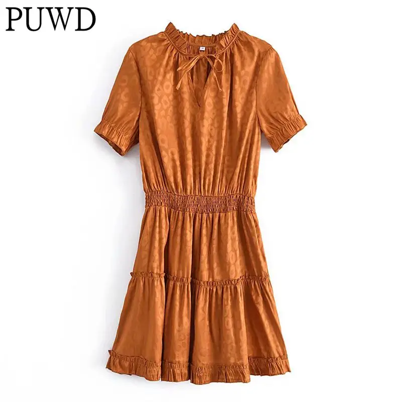 

Элегантное женское платье-миди PUWD с коротким рукавом 2022, весенние модные дамские атласные жаккардовые свободные платья с V-образным вырезом...