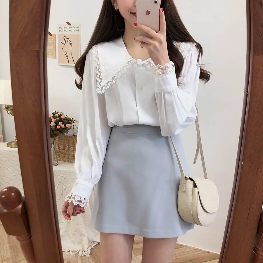 

New white pink lace girls Fashion Long Sleeve Women Blouse chiffon Shirt Ladies Party Top Streetwear blusas femininas elegante
