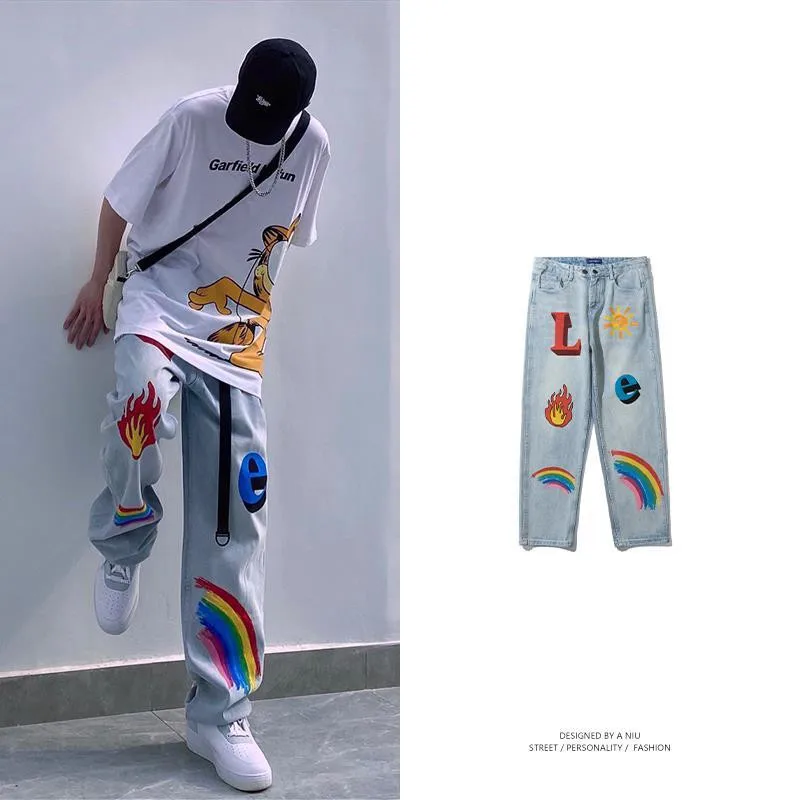 

2021 Rainbow Jeans Men Hip Hop Blue Pants Fashion Retro Baggy Jeans Harajuku Summer High Street Funny Pant Streetwear Males