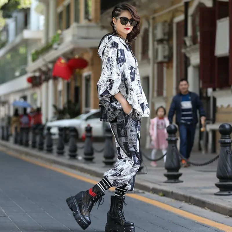 Female Summer Suit Loose Mesh Splice Tops Harem Pants Set Street Print Hooded Jacket Elastic Waist Trousers 2 Piece Outfits