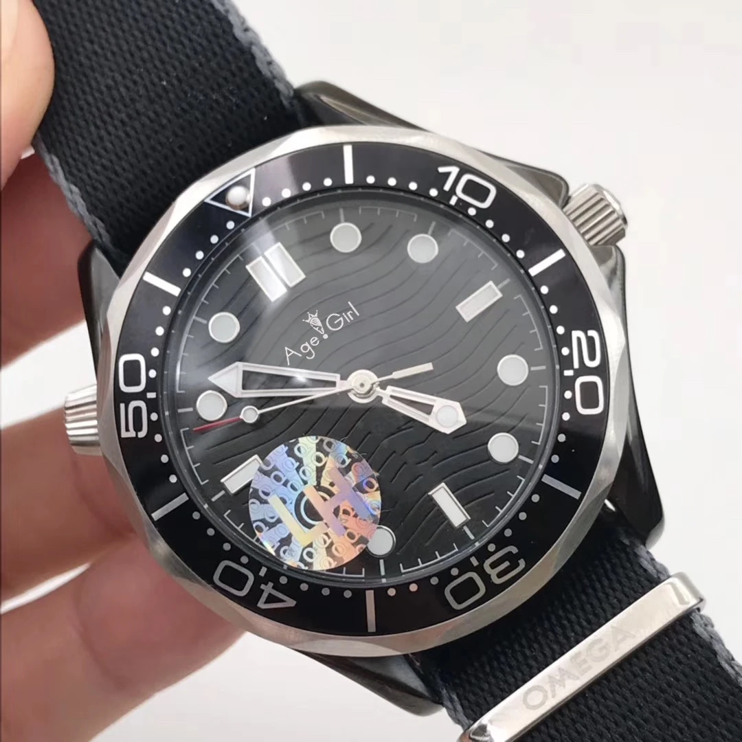 

Classic New Men Automatic Mechanical Watch Silver Black Canvas James Bond 007 Ceramic Crystal Sapphire Limited AAA+