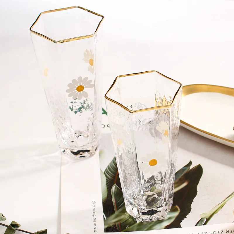 Household Wine Glass Set Little Daisy Water Cup Hexagon INS Phnom Penh Summer Juice Japanese Wire Mesh | Дом и сад