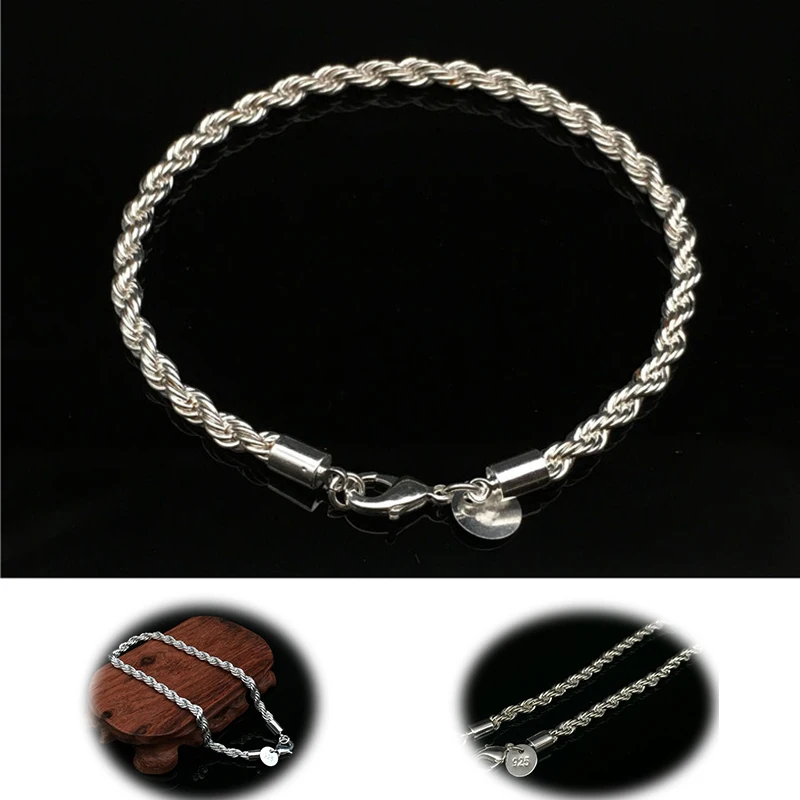 

3mm Thick Chain Link Silver Bracelet Twisted Rope