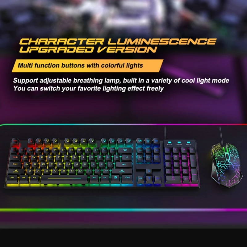 

T6RGB Luminous Wired Gaming Keyboard and Mouse Set with Large Mouse Pad USB Colorful Backlit Mechanical Feel Keyboard