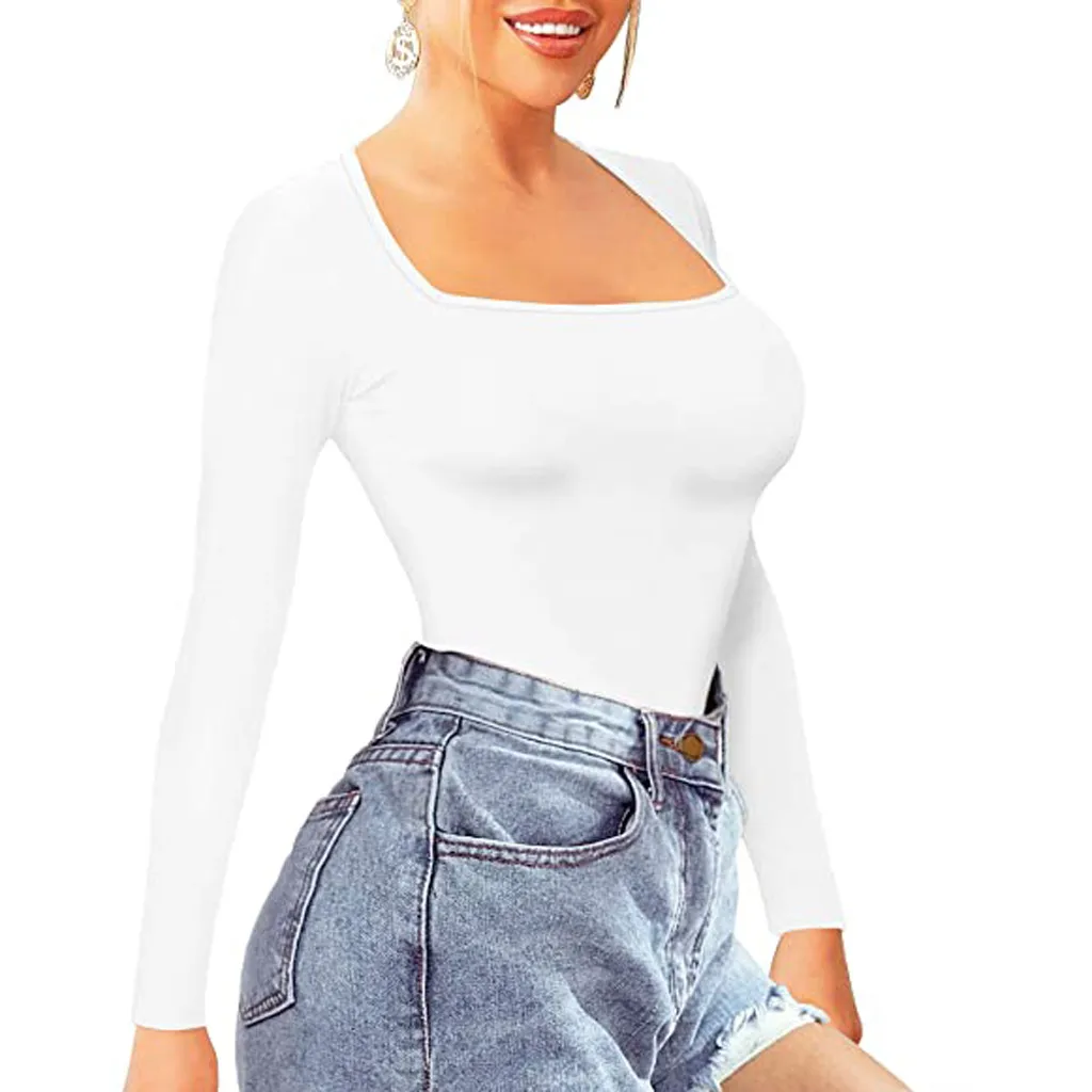 Женская футболка с длинным рукавом квадратных шеи футболки женские топ рубашка