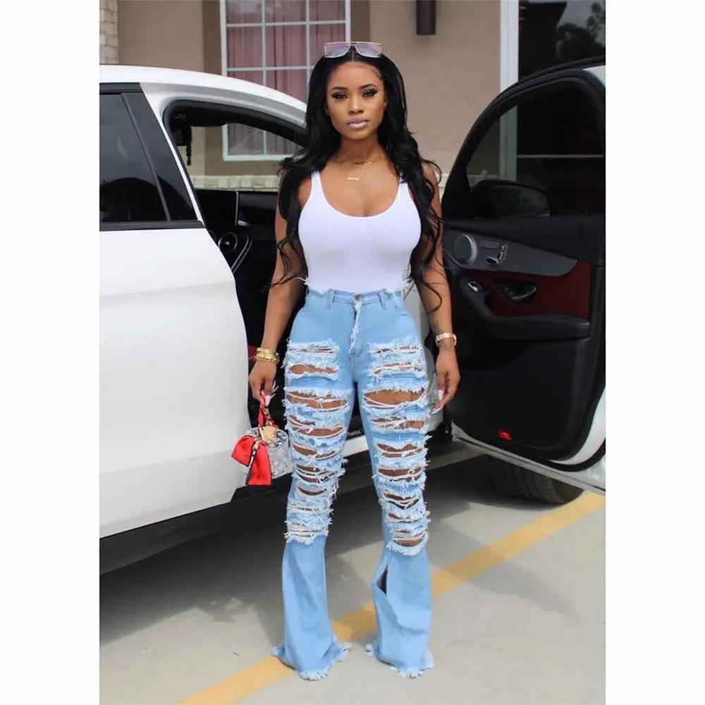 Бесплатная доставка 2020 Модные женские рваные джинсы с высокой талией