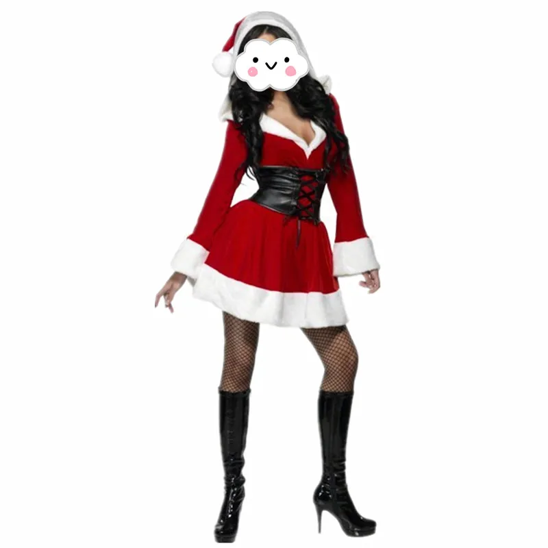 

Sexy Velvet Santa Costume Women Sexy Christmas Fancy Dress Red Warm Long Sleeves Xmas Costume Red Hooded Dress