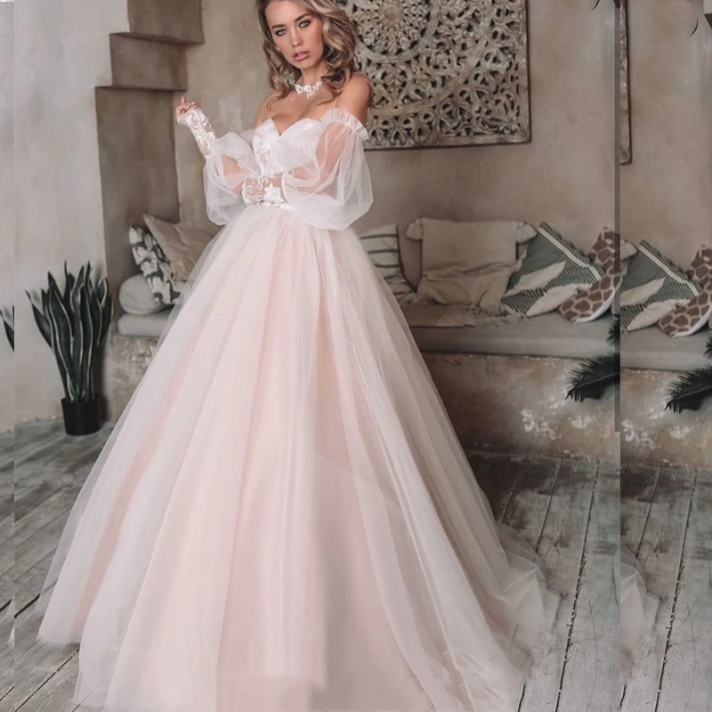

A-Line Pink Puff Sleeve Lace Wedding Dresses 2022 Backless Off Shoulder Appliques Robe De Soirée De Mariage For Women Bridal