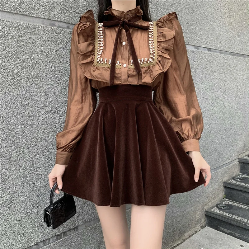 

Новый винтажный комплект из рубашки и юбки, женский бархатный костюм-двойка трапециевидной формы с рукавами-фонариками, оборками и бантом с завышенной талией