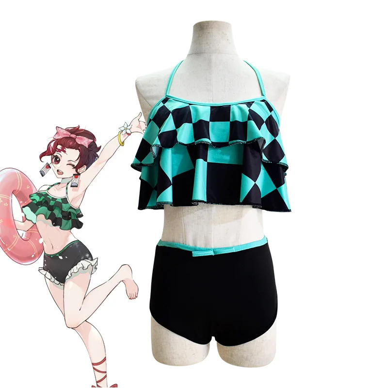 Demon Slayer Cosplay Swimsuit Kimetsu no Yaiba Kamado Tanjirou Two Piece V Neck Bathing Suit with Sheer Kimono Cardigan |