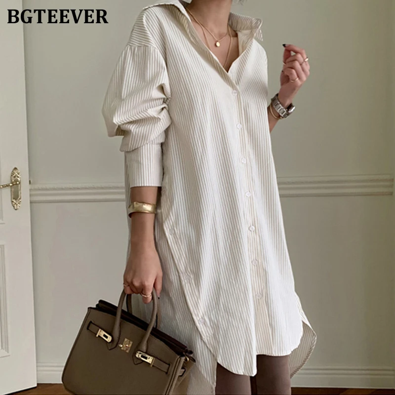 Блузка BGTEEVER Женская в полоску длинная хлопковая рубашка с длинным рукавом