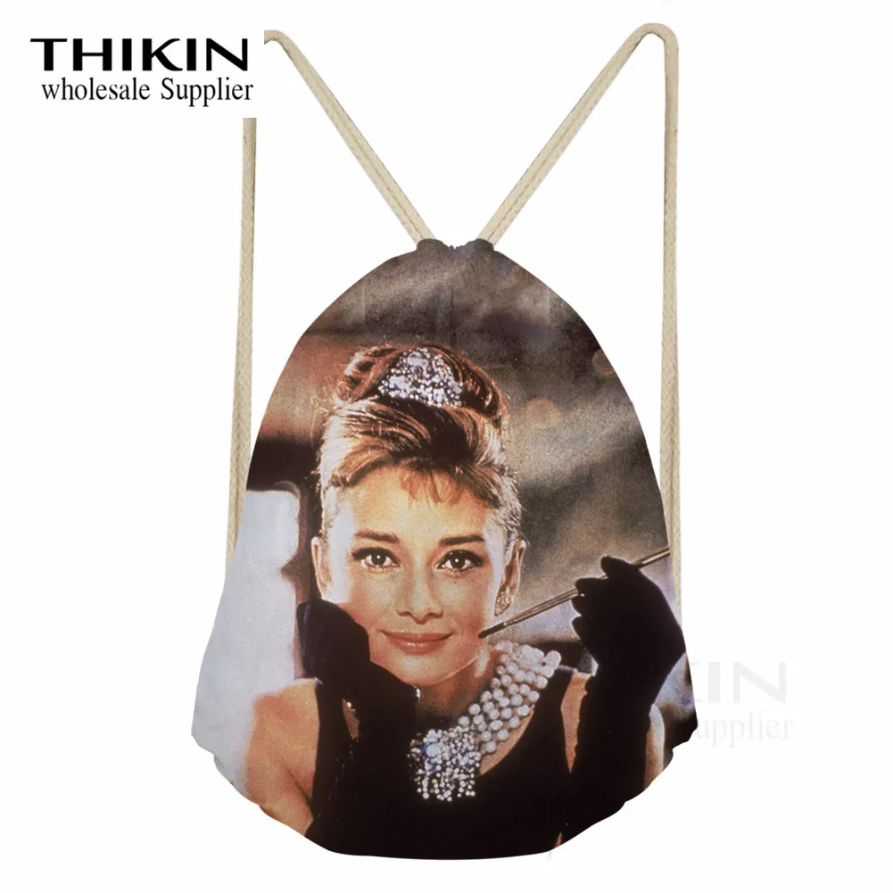 THIKIN Одри Хепберн Печать Полиэстер Луч Карман Drawstring сумка современная женская на