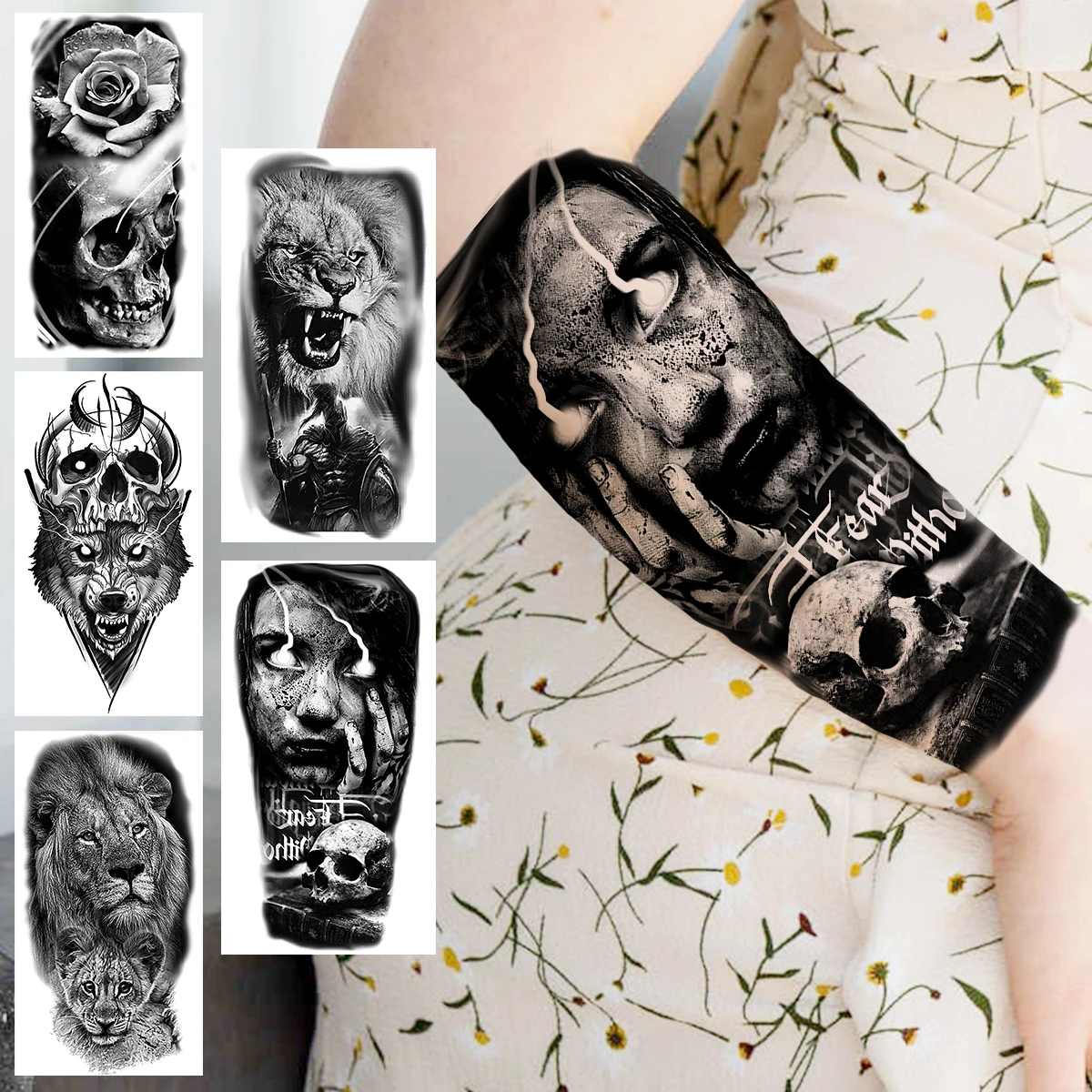 

Halloween Vampire Temporary Tattoos For Women Men Realistic Skull Flower Wolf Lion Samurai Fake Tattoo Sticker Forearm Tatoos 3D
