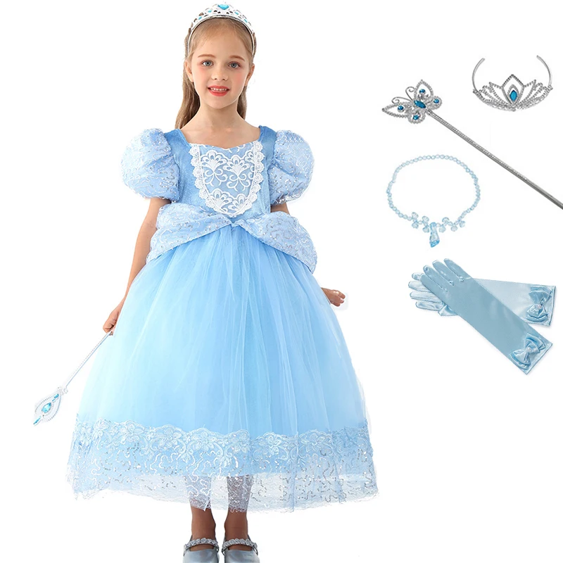 Dress Set 03 Роскошное платье принцессы Золушки для девочек, костюм для ролевых игр детское бальное платье с рукавами-буфами и вышивкой на Хэллоуин, праздничное платье для девочек - Цвет: Dress Set 03