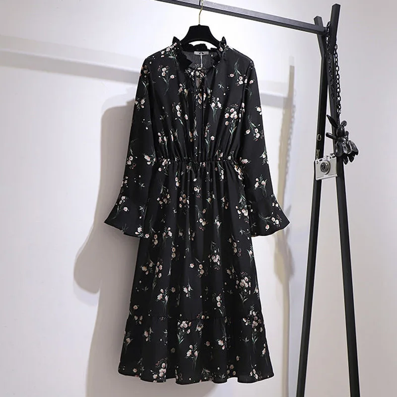 

Plus Size 6XL 150kg Spring Summer Floral Chiffon Dress Long Sleeve High Waist Floral Dress Loose Ladies Casual Large Women Dress