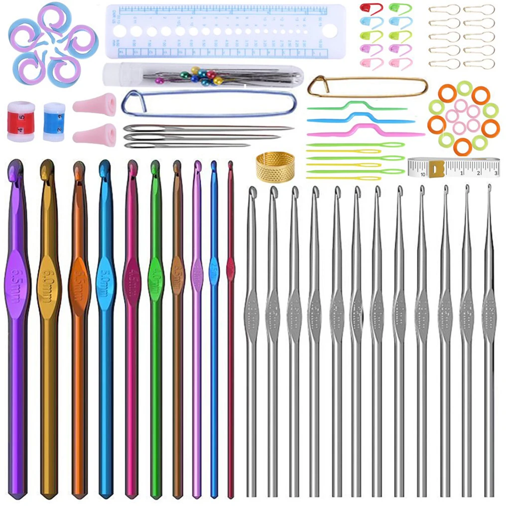 

0.6-6.5mm Crochet Hook Set Yarn Knitting Needles Sewing Tool Full Set Metal Handle Crochet Hook Knitting Needles Sewing 100pcs