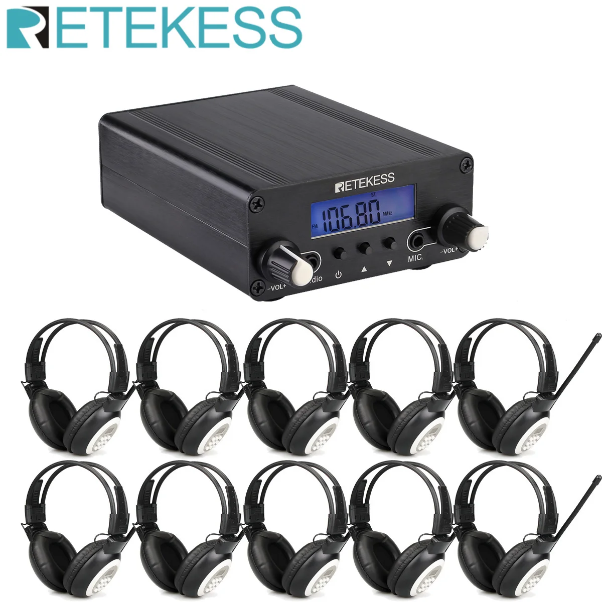 Беспроводной FM трансмиттер Retekess TR508 радиостанция + 10 наушников TR101 для вождения в