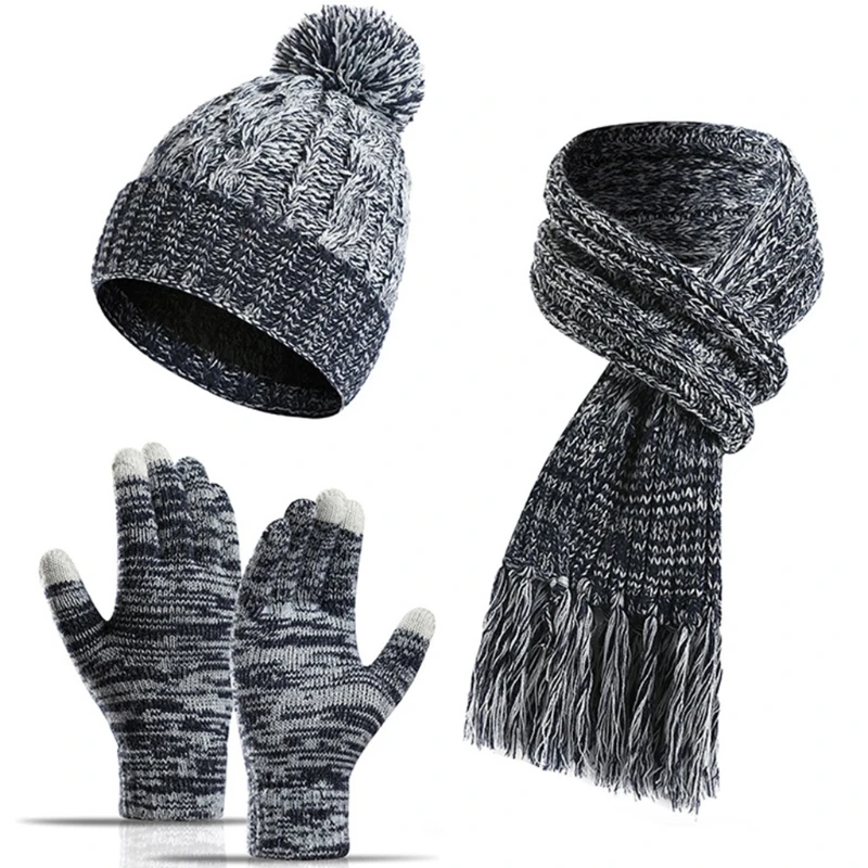 

Women Winter 3Pcs Beanie Hat Tassel Long Scarf Touch Screen Gloves Set Colorful Knit Plush Lined Pompom Cap Neck Warmer
