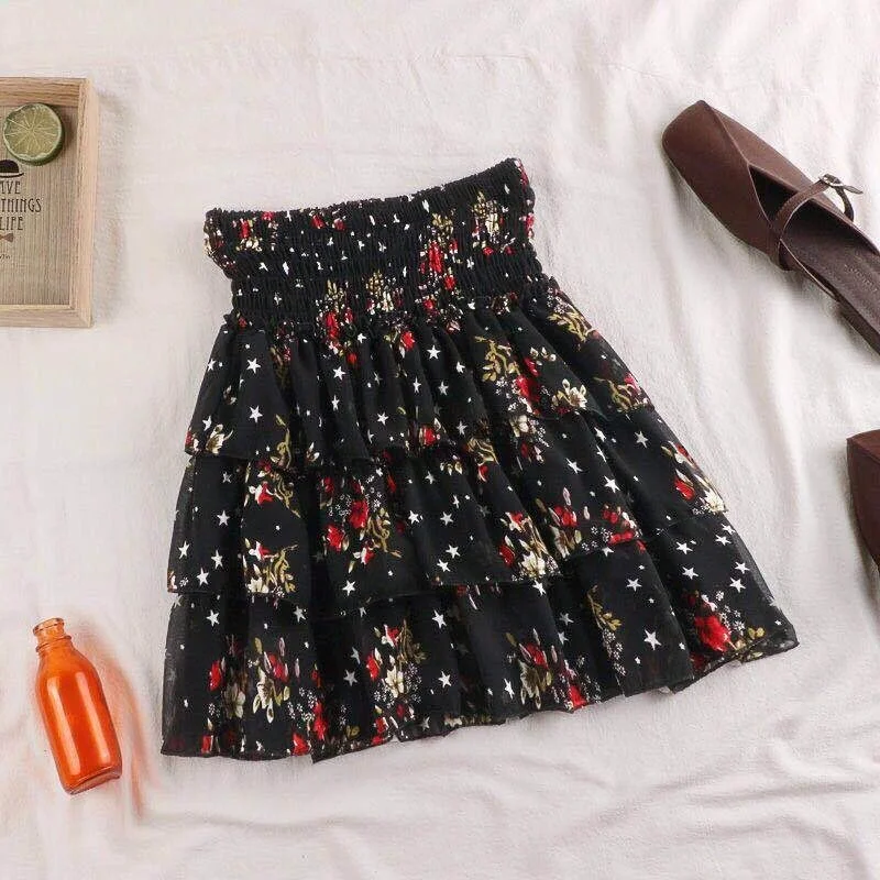 

2021 Summer Women Floral Print Pleated Skirt Elegant Elastic High Waist Short Beach Holidays Chiffon Mini Skirts Jupe Femme Y920