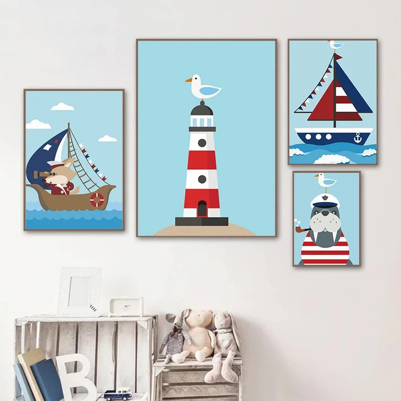 

Cartoon Animals Sailboat Canvas Painting Modern Wall Art Child Posters and Prints Pictures for Bar Shop Kids Room Decor Nursery