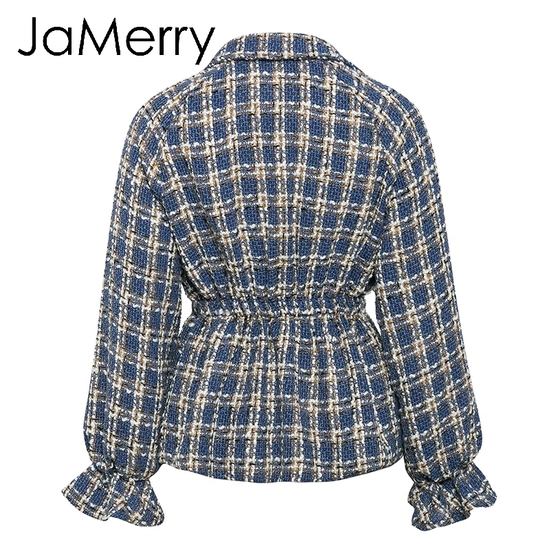 JaMerry винтажный элегантный женский твидовый в клетку жакет пальто фонарь рукав Уличная женская верхняя одежда пальто эластичное Свободное пальто