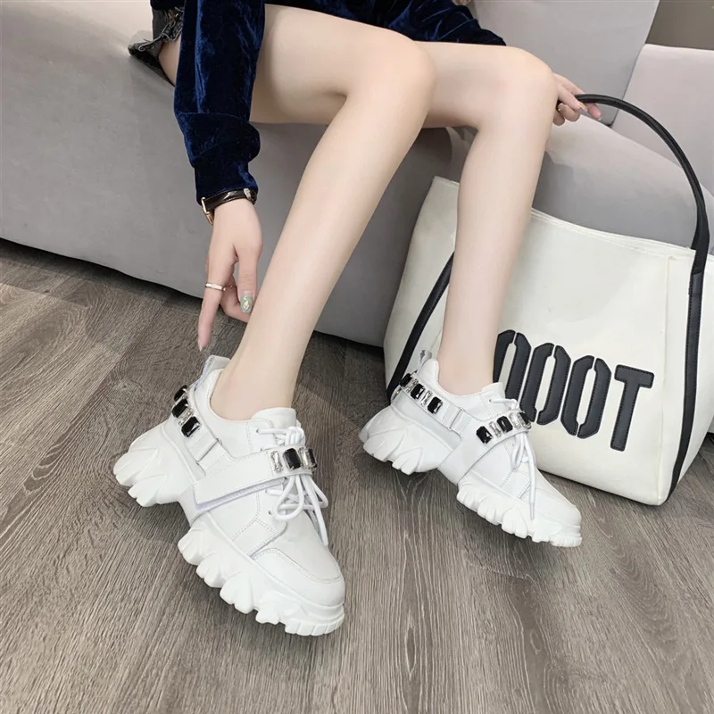 

sports leisure European women's shoes autumn 2020 new thick bottom Rhinestone daddy shoes leather lace up muffin shoes