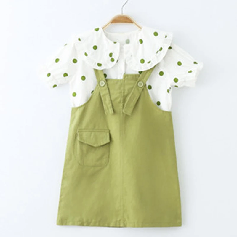 

2021 New Girl Clothes Set Summer Short-sleeved Polka Dot Printed Shirt + Strap Skirt 2-Piece Cute Children's Set