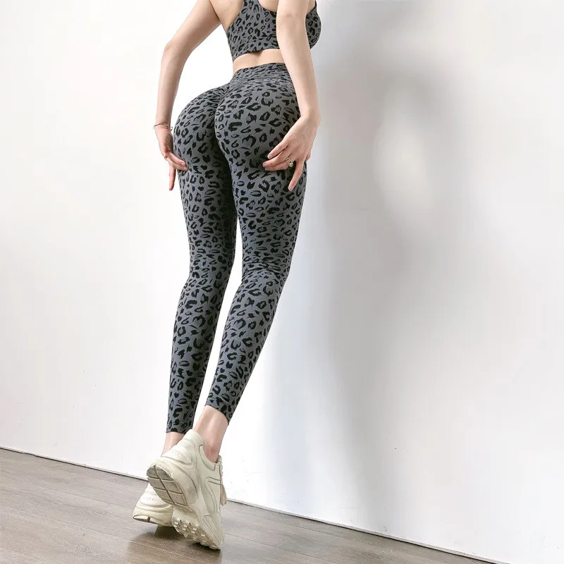 Leopard print women's yoga pants, high waist, hips, abdomen, running sports, high elasticity, quick-drying, fitness tights