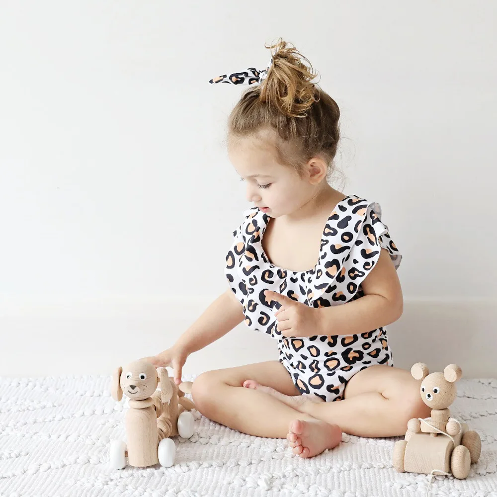 

Hot Summer Leopard Print Swimsuit for Girls and Kids Cute One Piece Bathing 3 Layers Ruffled Hem Swimming Sets 2021